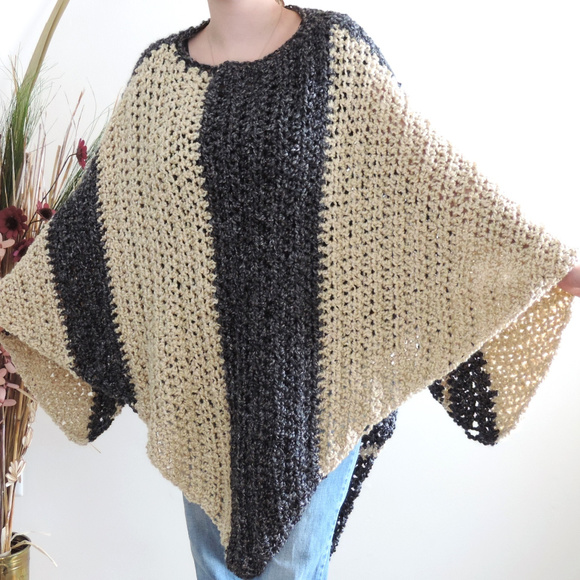 Crochet Black & Tan Striped Poncho - Picture 2 of 4